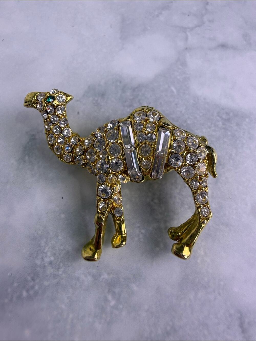 Vintage Rhinestone Camel Brooch Gold Tone Crystal Figural Animal Pin